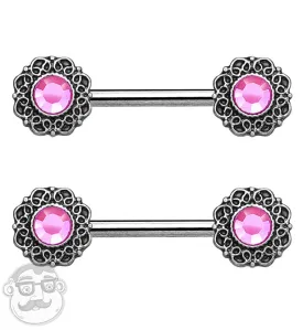 14G Pink Cubic Zirconia Gem Filigree Nipple Ring