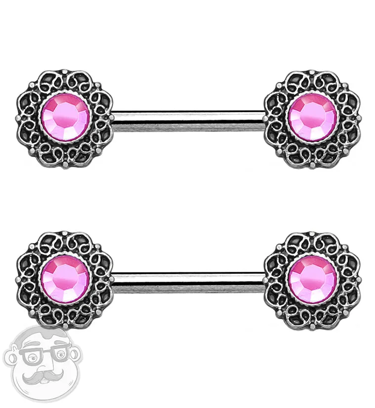 14G Pink Cubic Zirconia Gem Filigree Nipple Ring