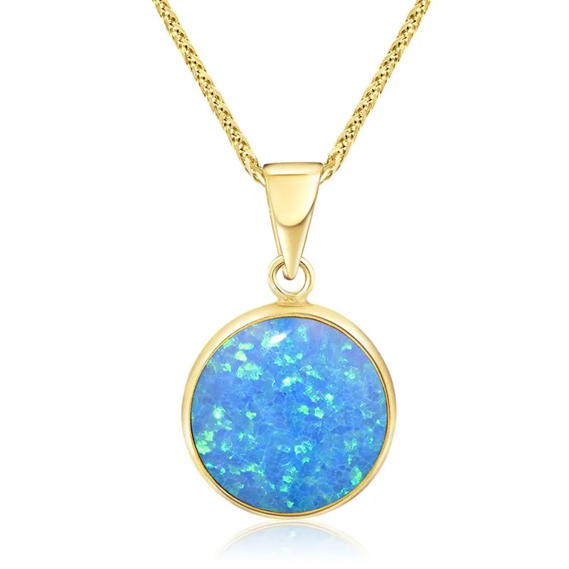 14K Yellow Gold Round Blue Opal 12mm Pendant