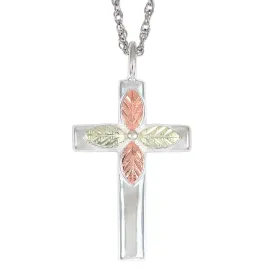 Black Hills Gold Sterling Silver Cross With 12K Rose & Green Gold Leaves