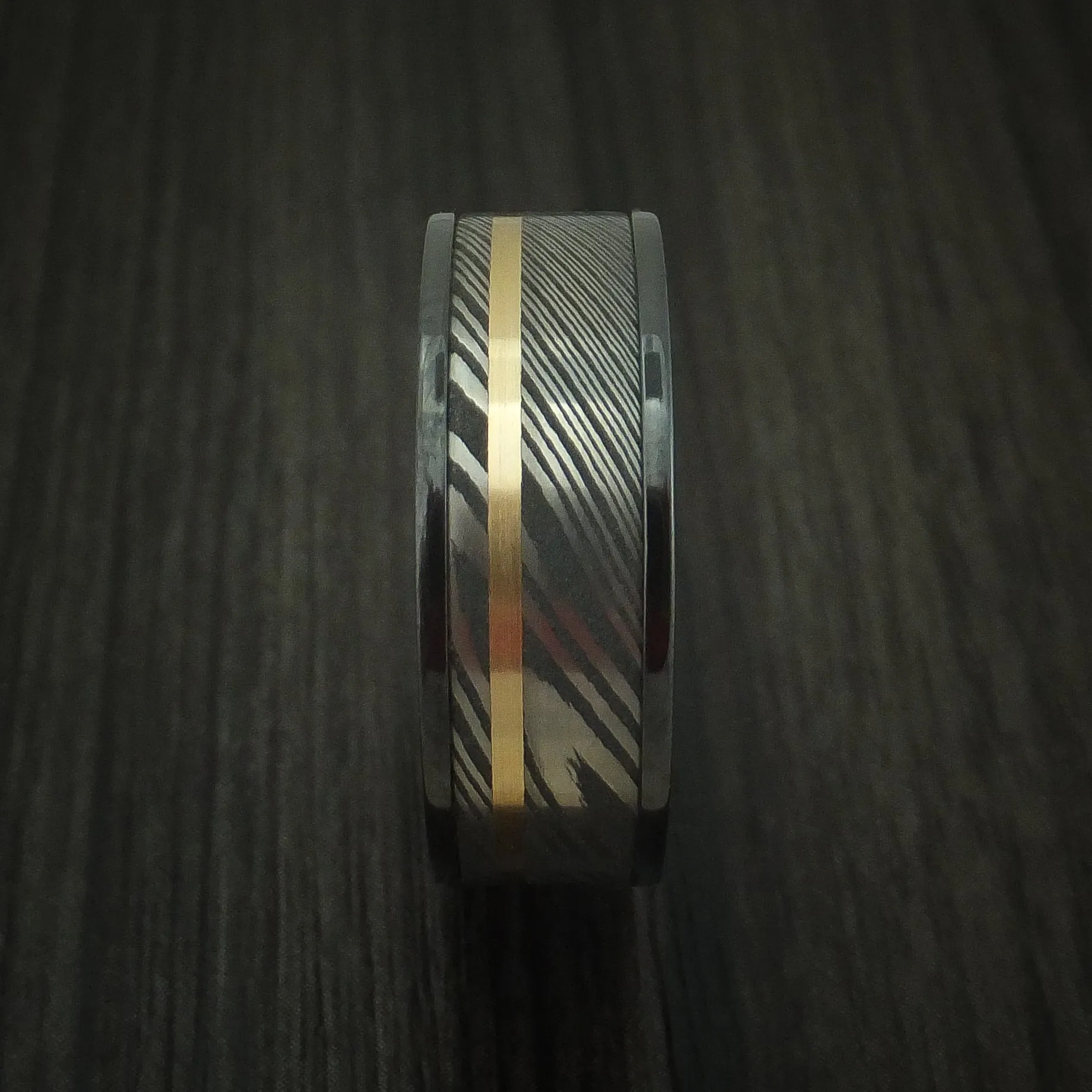 Black Zirconium And Damascus Steel Band 14K Yellow Gold Custom Made Men's Ring