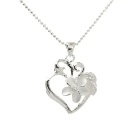 Sterling Silver 10mm Plumeria with CZ and Leaf in Heart Pendant (Chain Sold Separately)