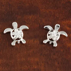 Sterling Silver 4mm Plumeria with CZ on Honu (Hawaiian Turtle) Post Earrings Shiny