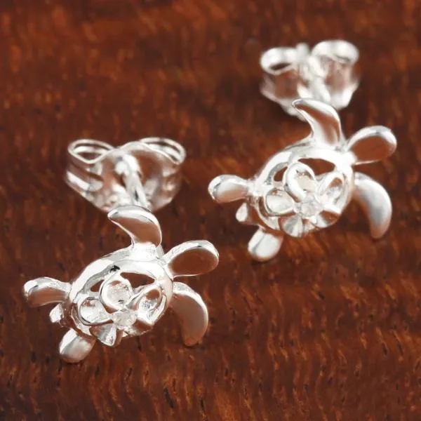 Sterling Silver 4mm Plumeria with CZ on Honu (Hawaiian Turtle) Post Earrings Shiny