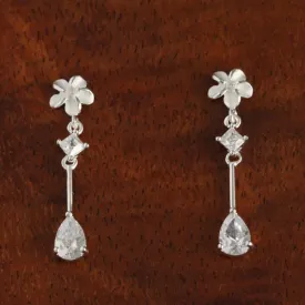 Sterling Silver 6mm Plumeria and Drop CZ Post Earrings